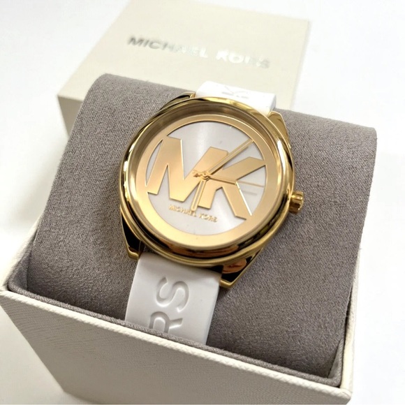 Michael Kors MK7141 42mm Gold-Tone Stainless Steel Case White Silicone Janelle - Picture 1 of 5